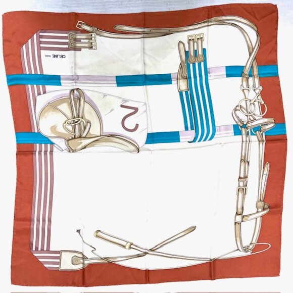 Vgt Celine Paris 100% Silk Scarf Satin 30" ivery beige orange blue belt (40 - Picture 7 of 8